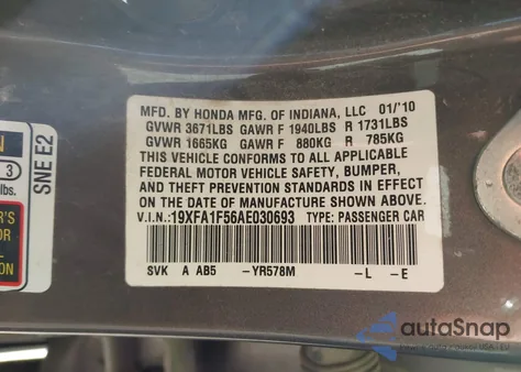2010 Honda Civic Lx from USA, damaged, VIN 19XFA1F56AE030693